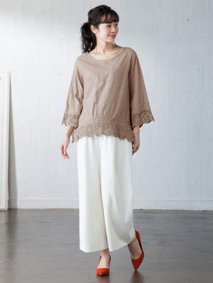 マタニティ トップス|スカラップ刺繍ベルスリーブブラウス マタニティ・授乳服【出産後も長く使える】|ベージュ