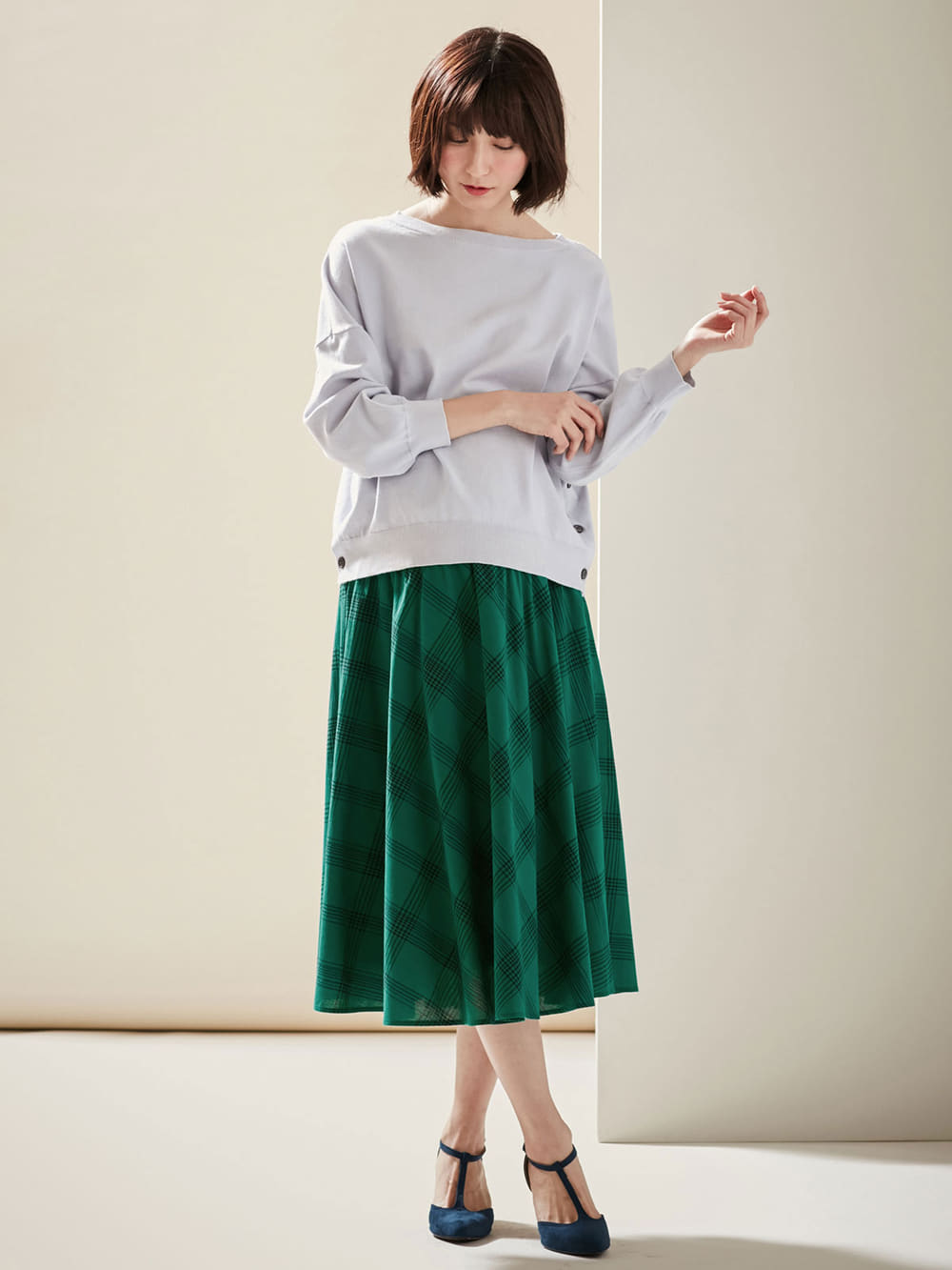 マタニティ スカート|【マタニティ・授乳服】【産前産後対応】リネン混チェックギャザーフレアスカート【出産後も長く使える】|グリーン