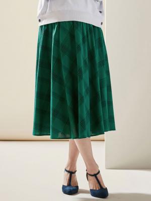 マタニティ スカート|【マタニティ・授乳服】【産前産後対応】リネン混チェックギャザーフレアスカート【出産後も長く使える】|グリーン