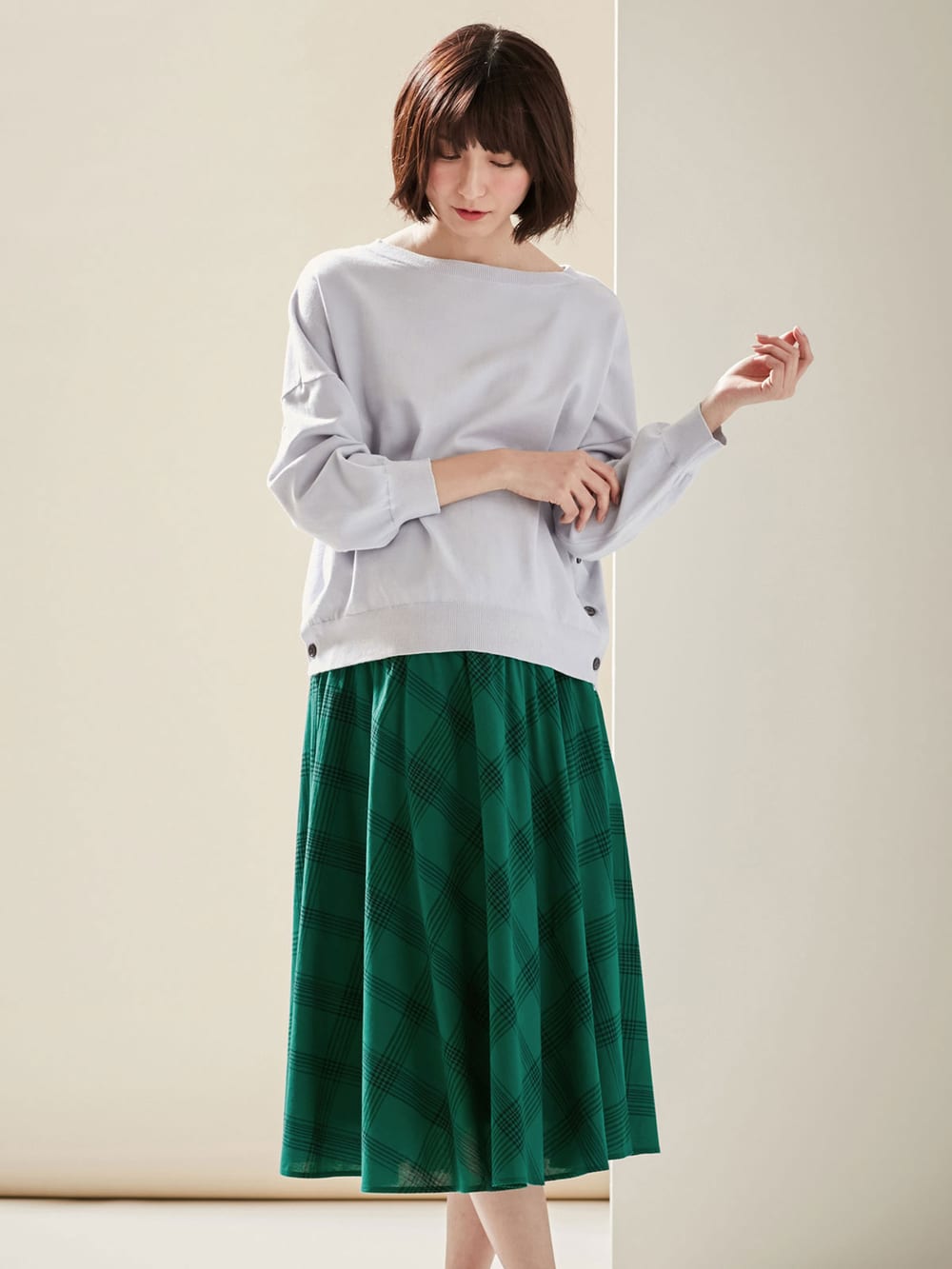 マタニティ スカート|【マタニティ・授乳服】【産前産後対応】リネン混チェックギャザーフレアスカート【出産後も長く使える】|グリーン