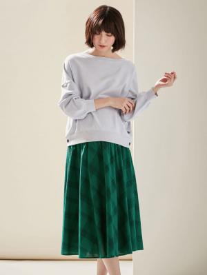 マタニティ スカート|【マタニティ・授乳服】【産前産後対応】リネン混チェックギャザーフレアスカート【出産後も長く使える】|グリーン