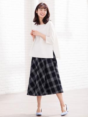 マタニティ スカート|【マタニティ・授乳服】【産前産後対応】リネン混チェックギャザーフレアスカート【出産後も長く使える】|ネイビー