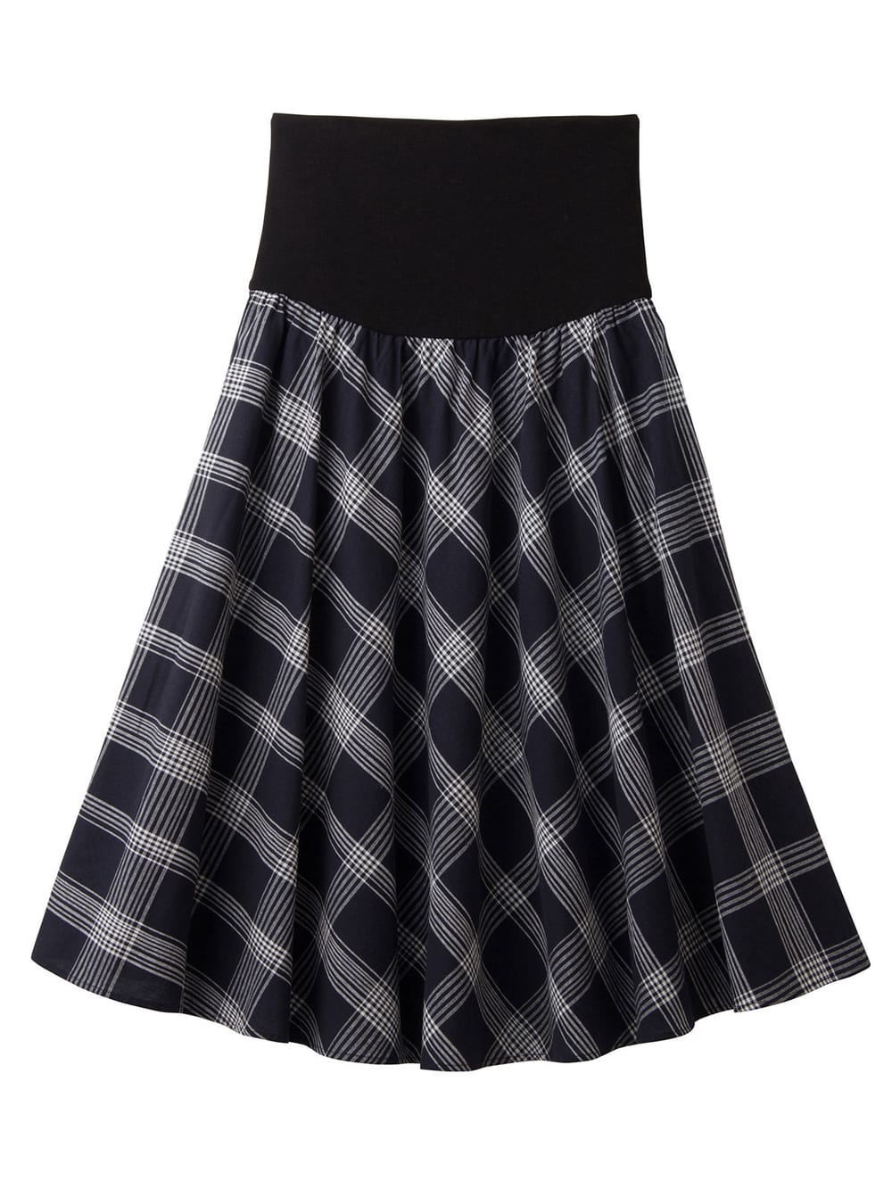 マタニティ スカート|【マタニティ・授乳服】【産前産後対応】リネン混チェックギャザーフレアスカート【出産後も長く使える】|ネイビー