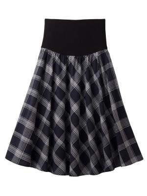 マタニティ スカート|【マタニティ・授乳服】【産前産後対応】リネン混チェックギャザーフレアスカート【出産後も長く使える】|ネイビー