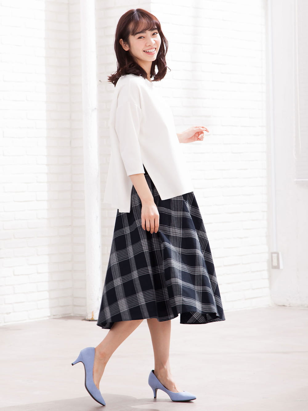 マタニティ スカート|【マタニティ・授乳服】【産前産後対応】リネン混チェックギャザーフレアスカート【出産後も長く使える】|ネイビー