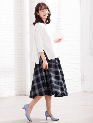 マタニティ スカート|【マタニティ・授乳服】【産前産後対応】リネン混チェックギャザーフレアスカート【出産後も長く使える】|ネイビー