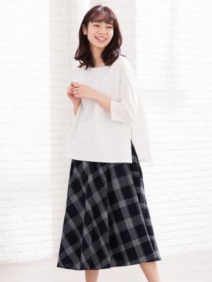 マタニティ スカート|【マタニティ・授乳服】【産前産後対応】リネン混チェックギャザーフレアスカート【出産後も長く使える】|ネイビー