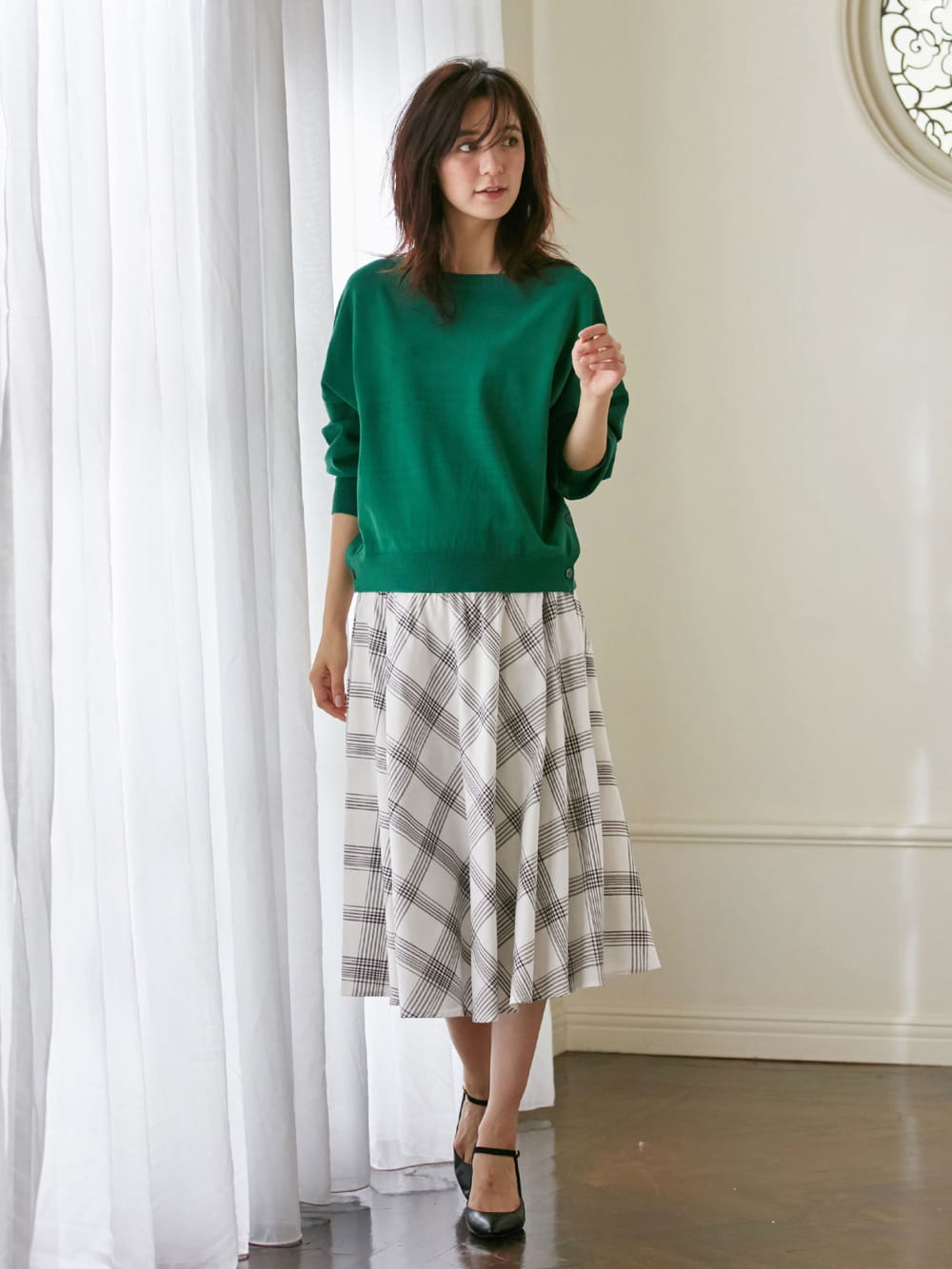 マタニティ スカート|【マタニティ・授乳服】【産前産後対応】リネン混チェックギャザーフレアスカート【出産後も長く使える】|オフ