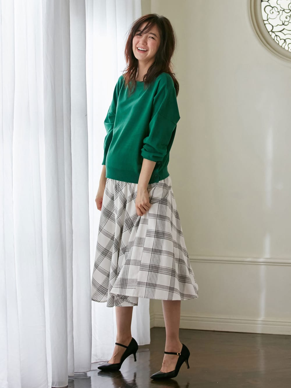 マタニティ スカート|【マタニティ・授乳服】【産前産後対応】リネン混チェックギャザーフレアスカート【出産後も長く使える】|オフ