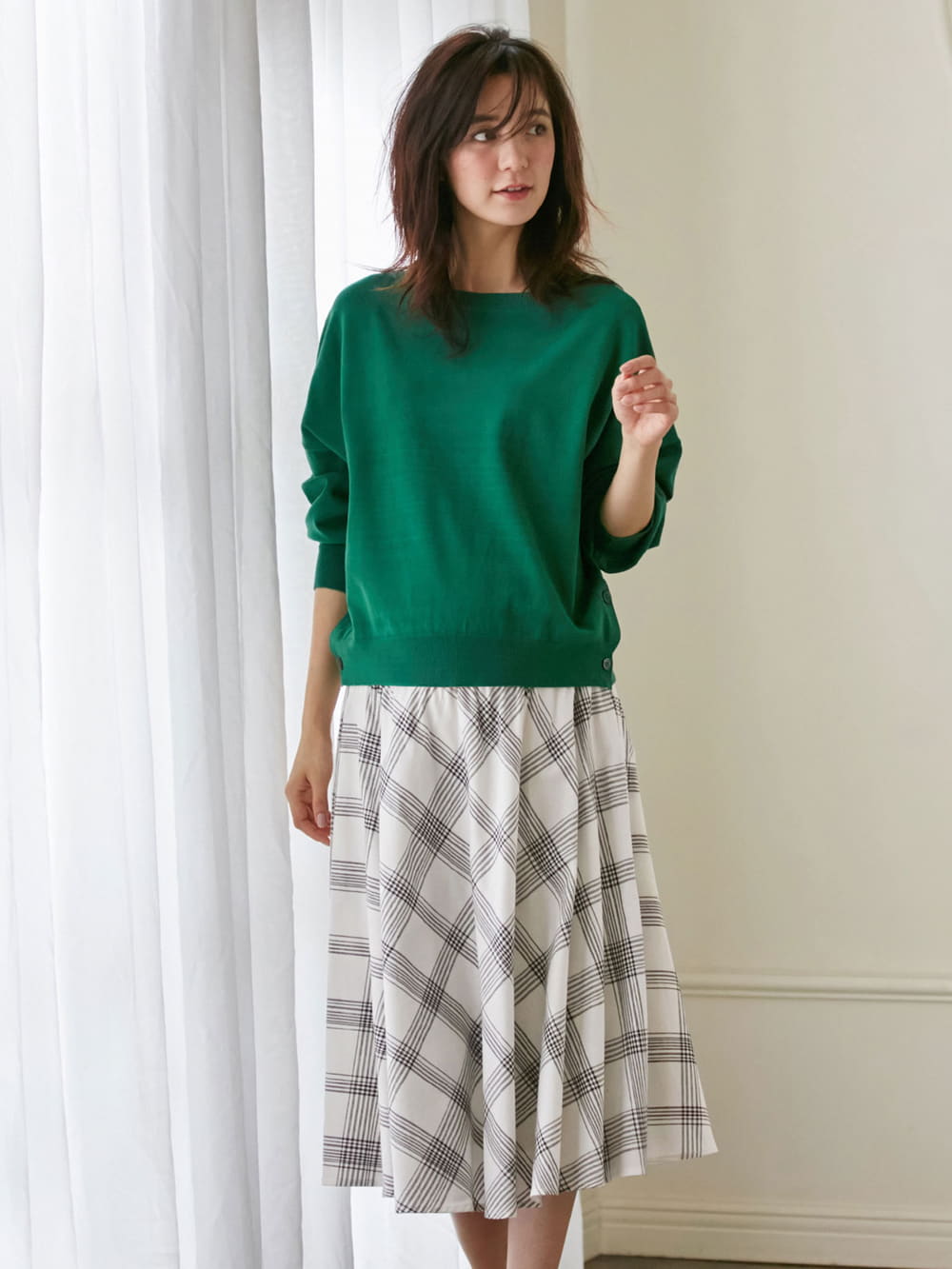 マタニティ スカート|【マタニティ・授乳服】【産前産後対応】リネン混チェックギャザーフレアスカート【出産後も長く使える】|オフ