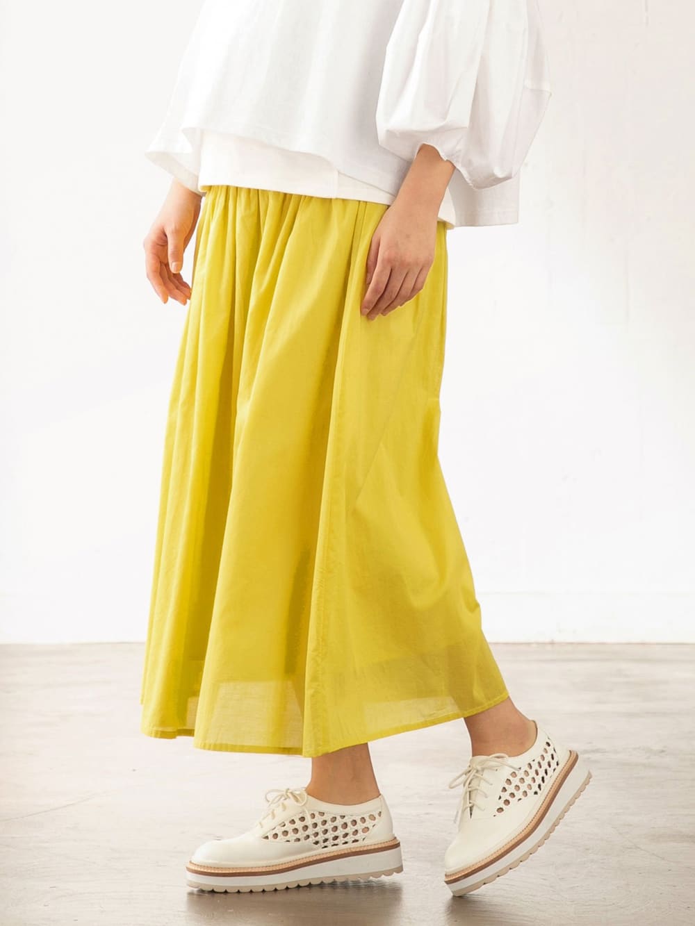 マタニティ スカート|【産前産後対応】コットンローンギャザースカート【出産後も長く使える】|イエロー
