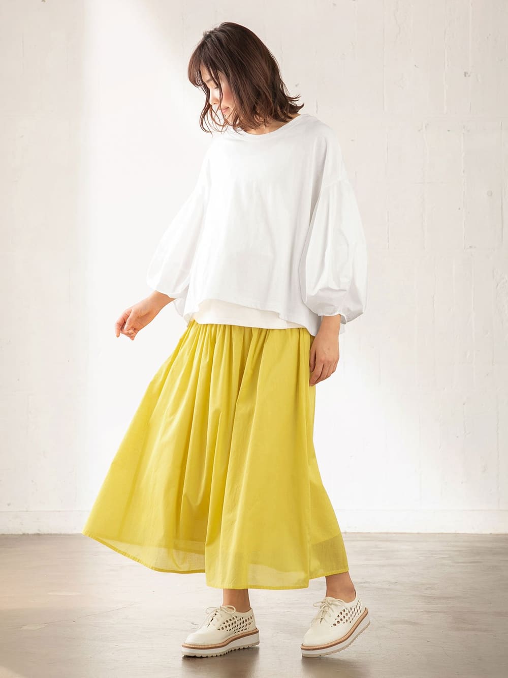 マタニティ スカート|【産前産後対応】コットンローンギャザースカート【出産後も長く使える】|イエロー