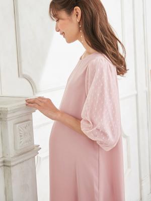 マタニティ ワンピース|ドットチュールレースレイヤースリーブワンピース　マタニティ・授乳服【出産後も長く使える】|ペールピンク