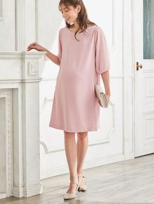 マタニティ ワンピース|ドットチュールレースレイヤースリーブワンピース　マタニティ・授乳服【出産後も長く使える】|ペールピンク