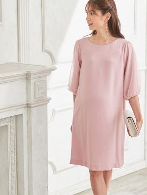 マタニティ ワンピース|ドットチュールレースレイヤースリーブワンピース　マタニティ・授乳服【出産後も長く使える】|ペールピンク