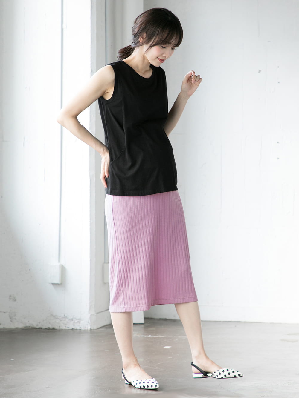 産前産後対応 テレコ素材ミモレ丈タイトスカート マタニティウェア 授乳服通販 エンジェリーベ 公式