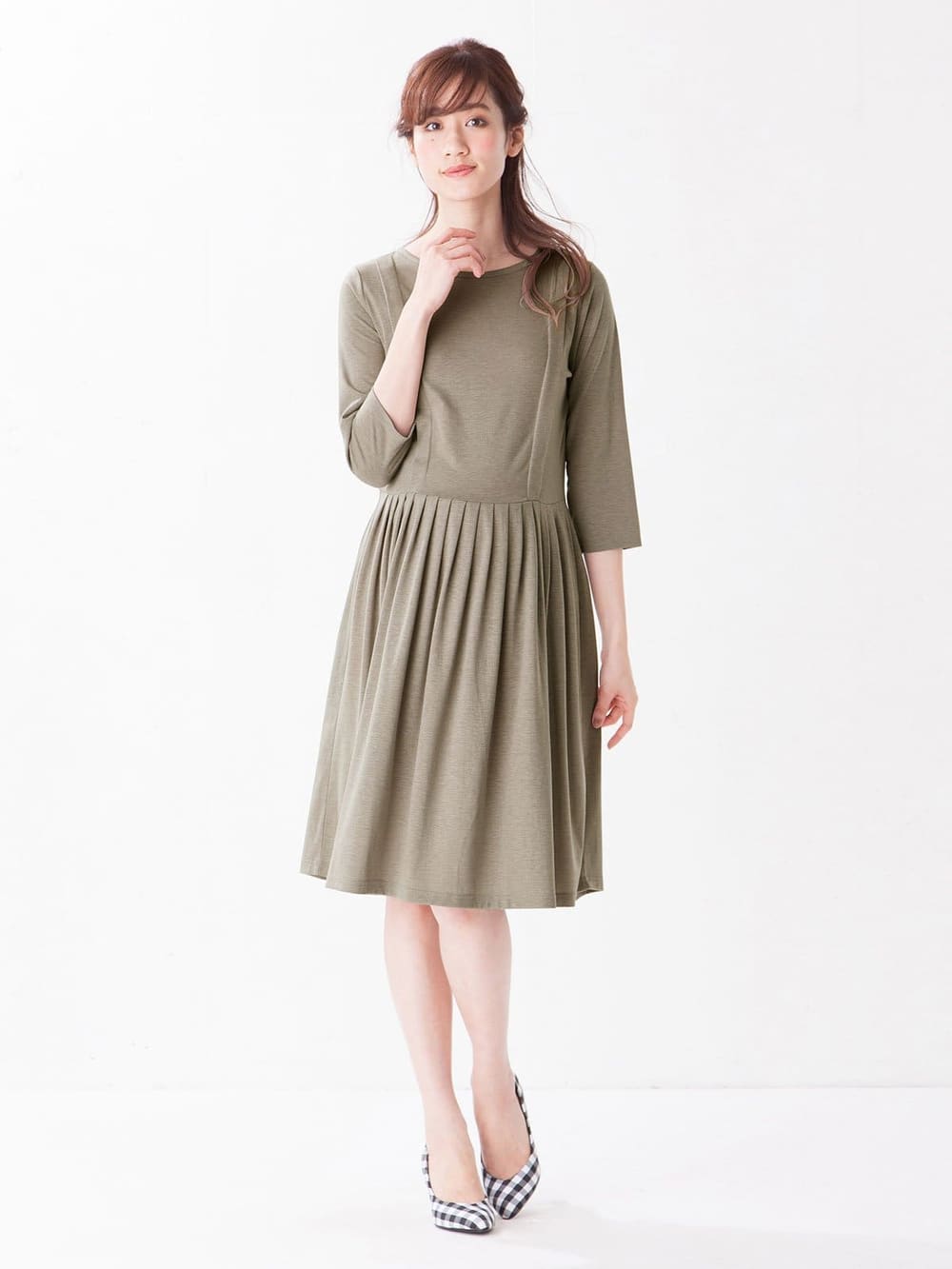 マタニティ ワンピース 出産後も長く使える タックフレアーワンピース マタニティ 授乳服 マタニティウェア 授乳服通販 エンジェリーベ 公式