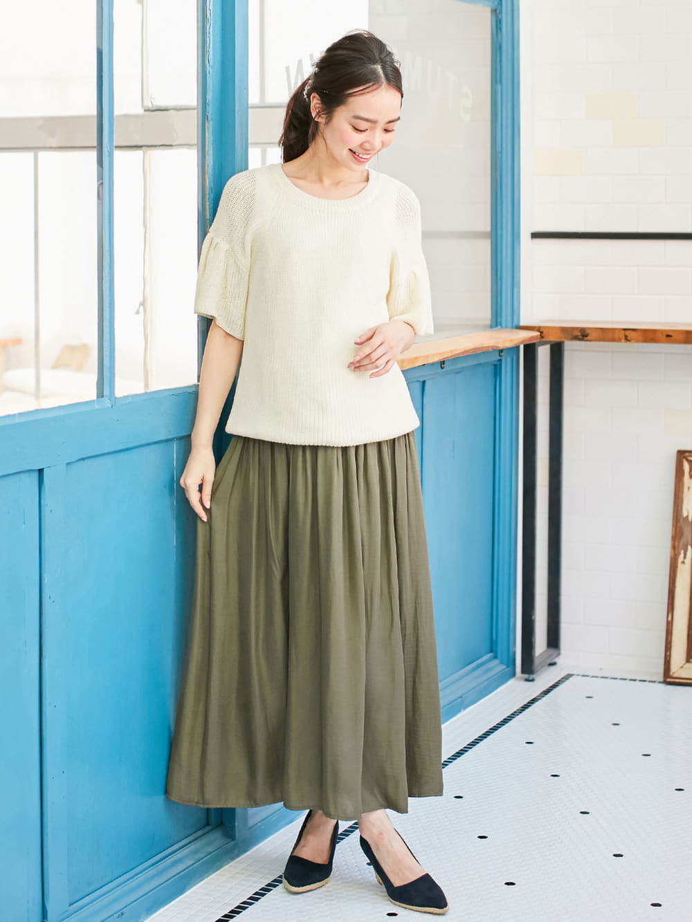 マタニティ トップス|綿混片畦フレンチスリーブーニット【出産後も長く使える】|アイボリー