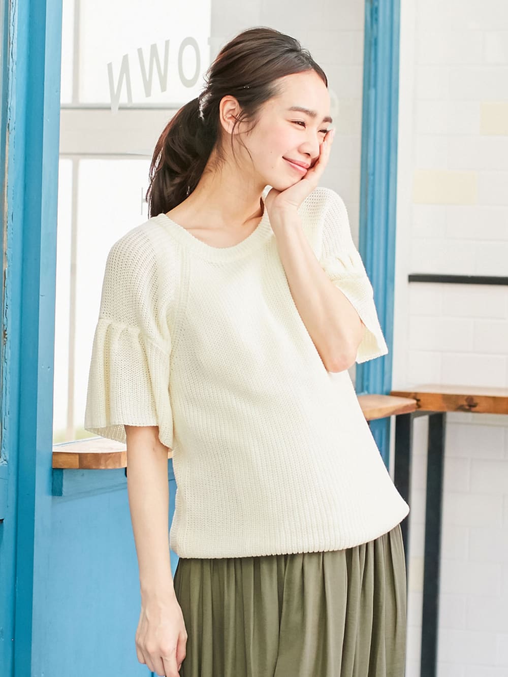 マタニティ トップス|綿混片畦フレンチスリーブーニット【出産後も長く使える】|アイボリー