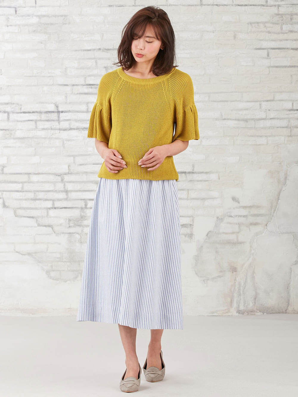 マタニティ トップス|綿混片畦フレンチスリーブーニット【出産後も長く使える】|イエロー