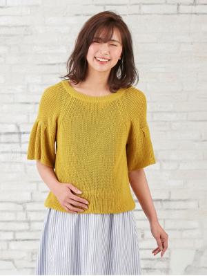 マタニティ トップス|綿混片畦フレンチスリーブーニット【出産後も長く使える】|イエロー