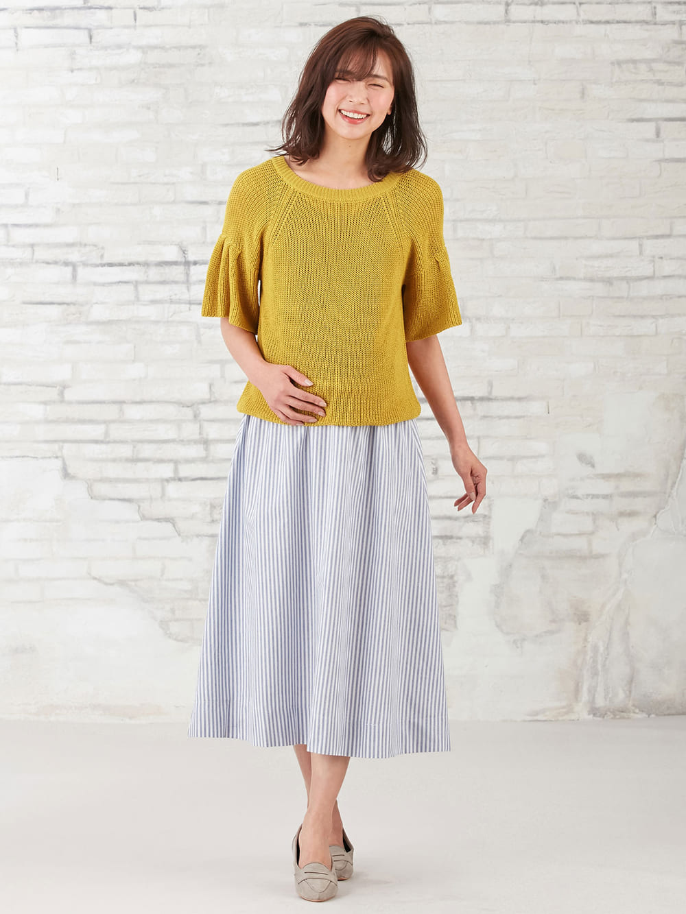 マタニティ トップス|綿混片畦フレンチスリーブーニット【出産後も長く使える】|イエロー