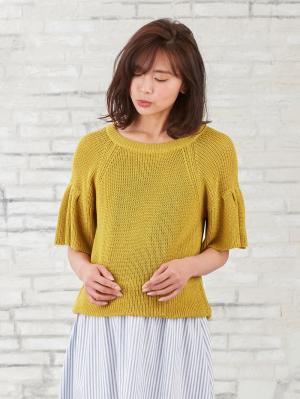 マタニティ トップス|綿混片畦フレンチスリーブーニット【出産後も長く使える】|イエロー