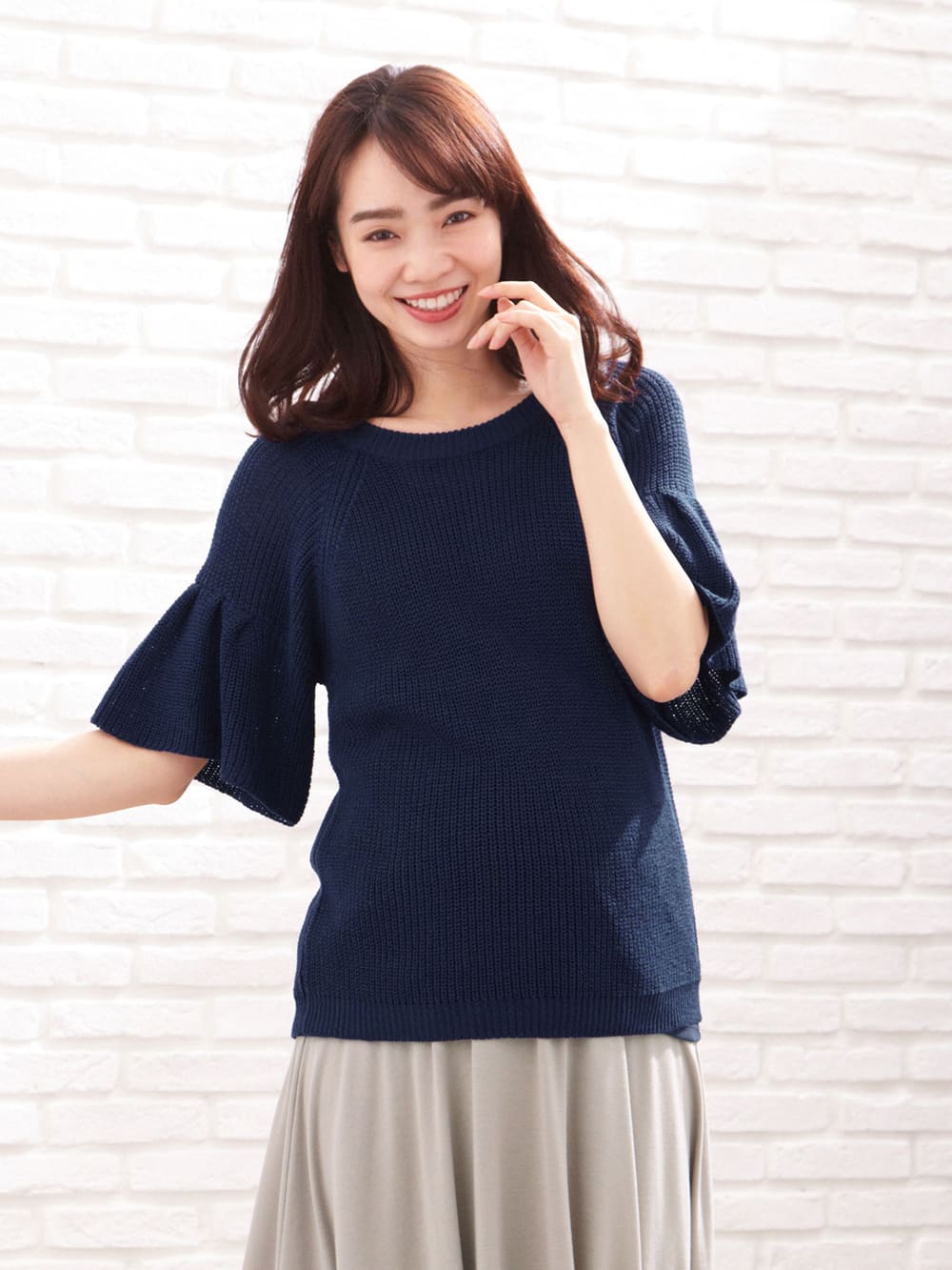 マタニティ トップス|綿混片畦フレンチスリーブーニット【出産後も長く使える】|ぺサントブルー