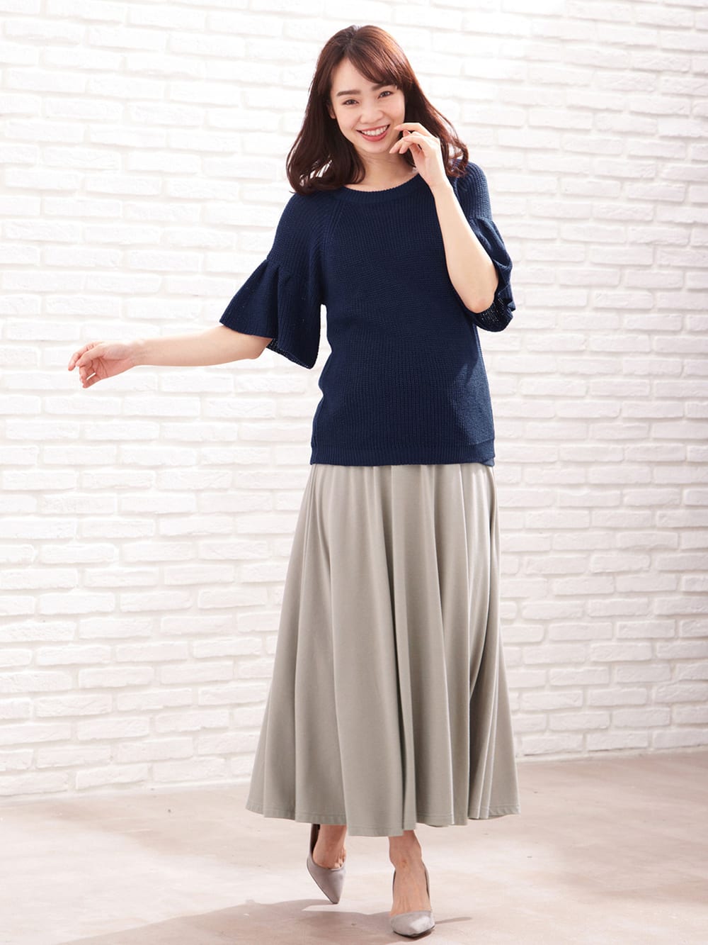 マタニティ トップス|綿混片畦フレンチスリーブーニット【出産後も長く使える】|ぺサントブルー
