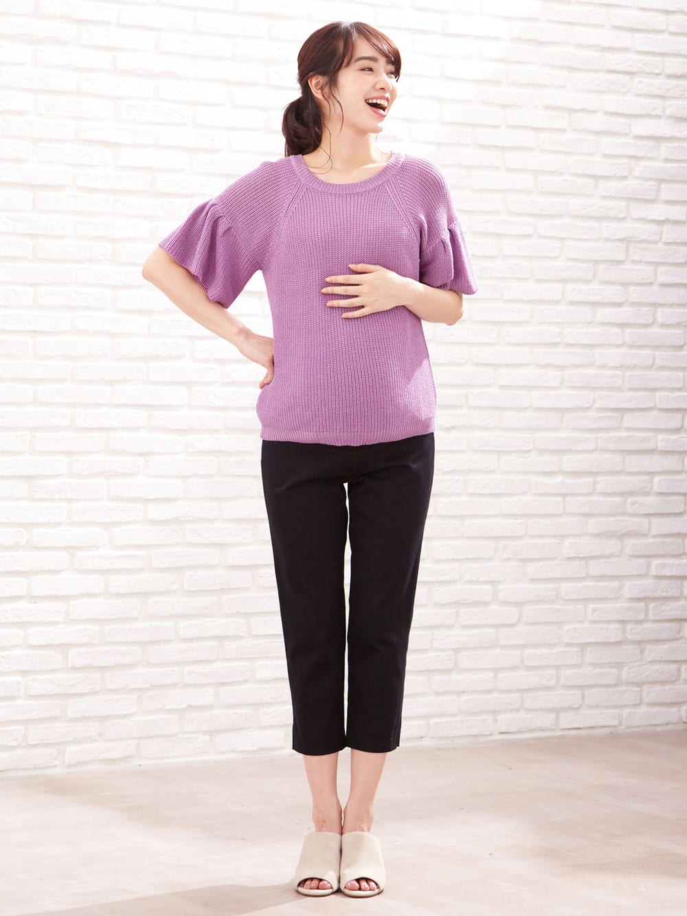 マタニティ トップス|綿混片畦フレンチスリーブーニット【出産後も長く使える】|スミレ