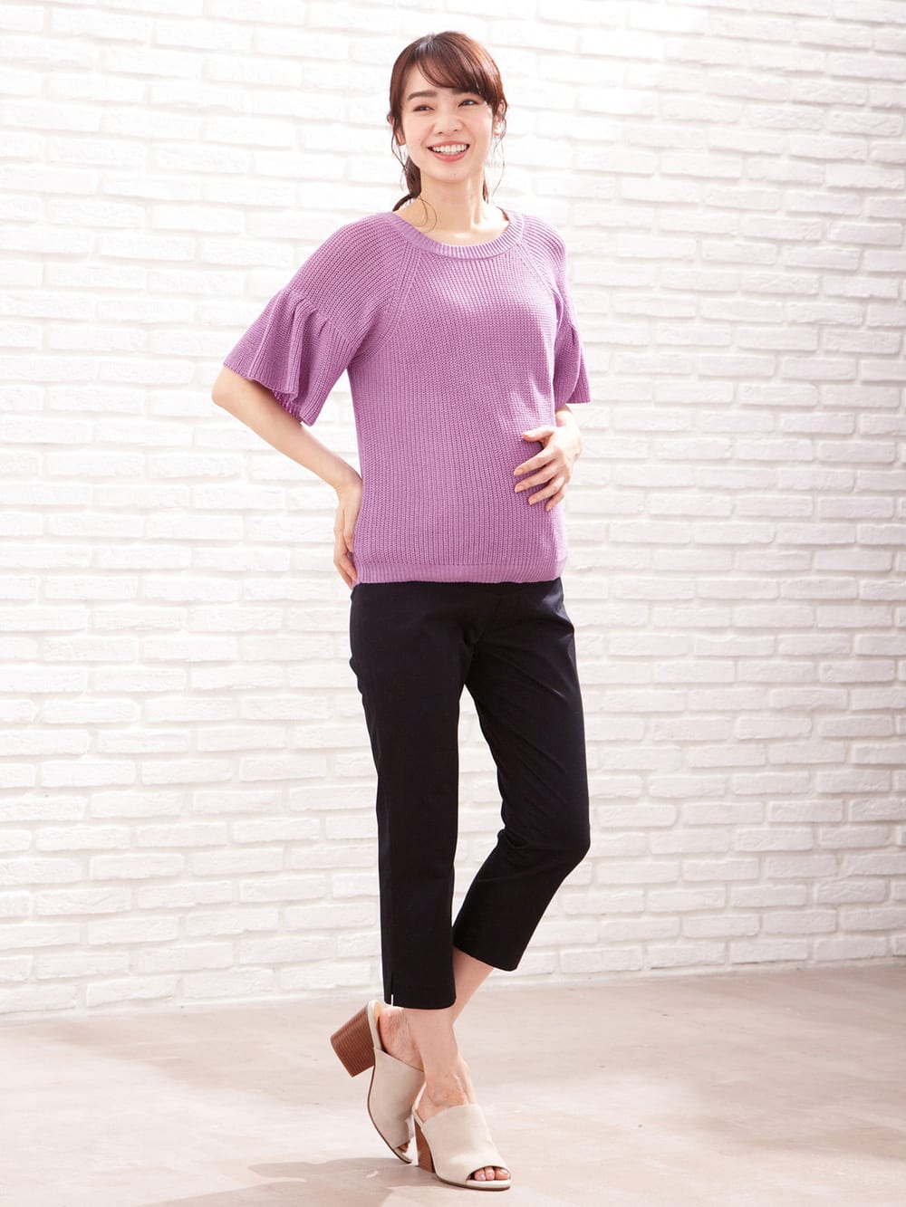 マタニティ トップス|綿混片畦フレンチスリーブーニット【出産後も長く使える】|スミレ