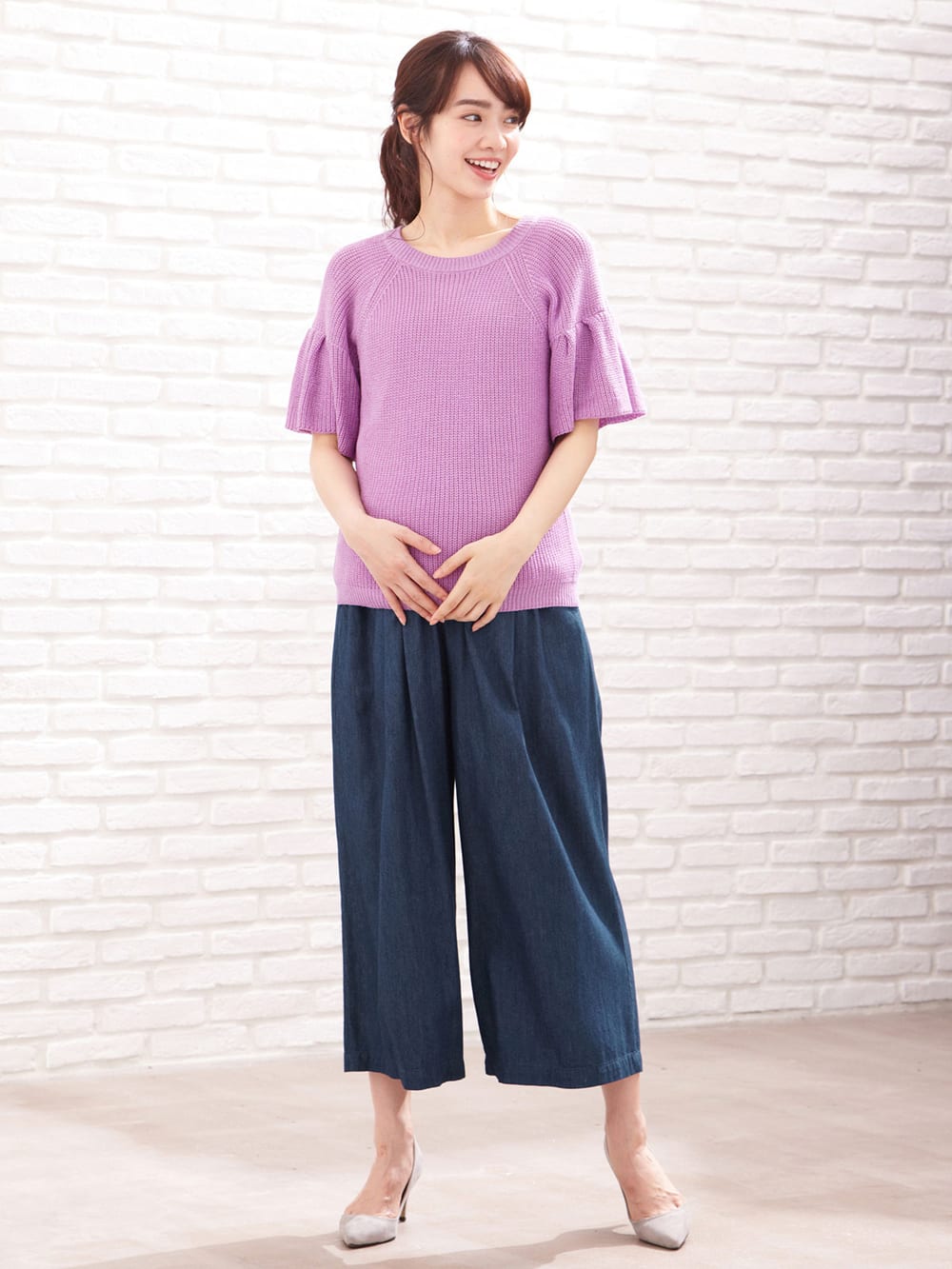 マタニティ トップス|綿混片畦フレンチスリーブーニット【出産後も長く使える】|スミレ