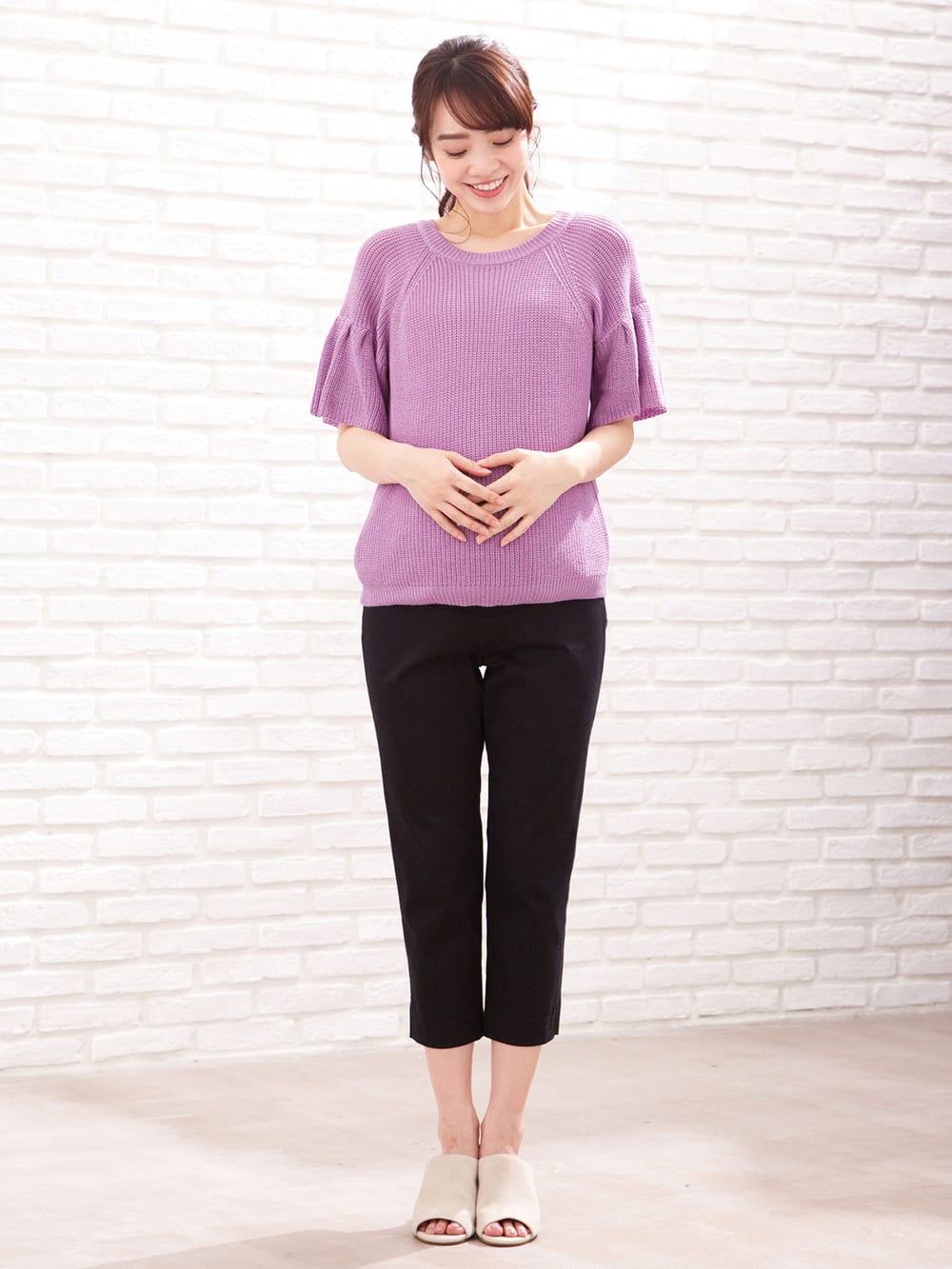 マタニティ トップス|綿混片畦フレンチスリーブーニット【出産後も長く使える】|スミレ