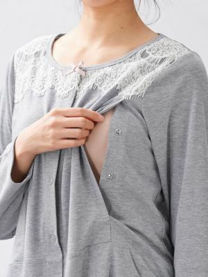 マタニティ パジャマ・ルームウェア|【授乳口付】【産後も使えるパンツ付】やわらかスムース配色レースパジャマ