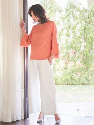 マタニティ トップス|【マタニティ・授乳服】タックフレアスリーブブラウス【出産後も長く使える】|シャーベットオレンジ
