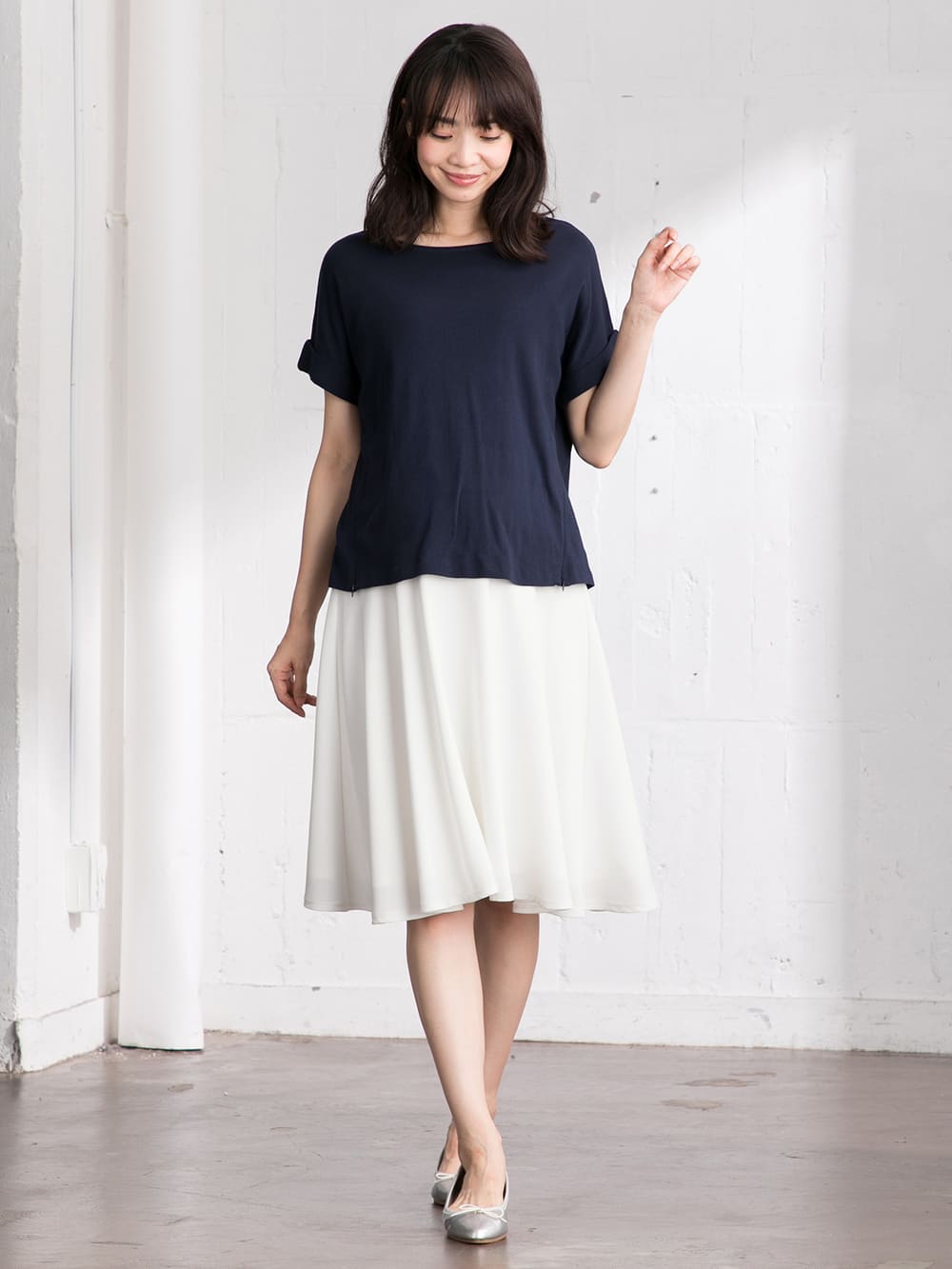 マタニティ スカート|【産前産後対応】ミモレ丈フレアスカート【出産後も長く使える】|オフホワイト