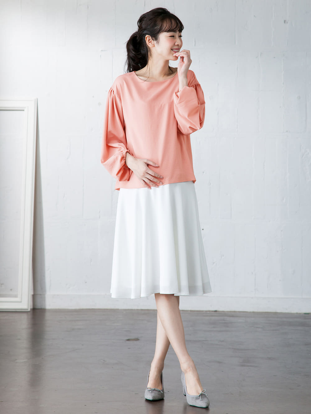 マタニティ トップス|タックギャザーボリュームスリーブブラウス　マタニティ・授乳服【出産後も長く使える】|ペールピンク