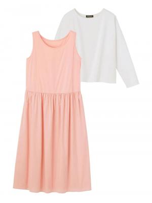 マタニティ ワンピース|【セット】ノースリーブ切替ワンピース＆プルオーバーセットアップ　マタニティ・授乳服【出産後も長く使える】|オフ×ピンク