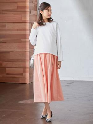 マタニティ ワンピース|【セット】ノースリーブ切替ワンピース＆プルオーバーセットアップ　マタニティ・授乳服【出産後も長く使える】|オフ×ピンク