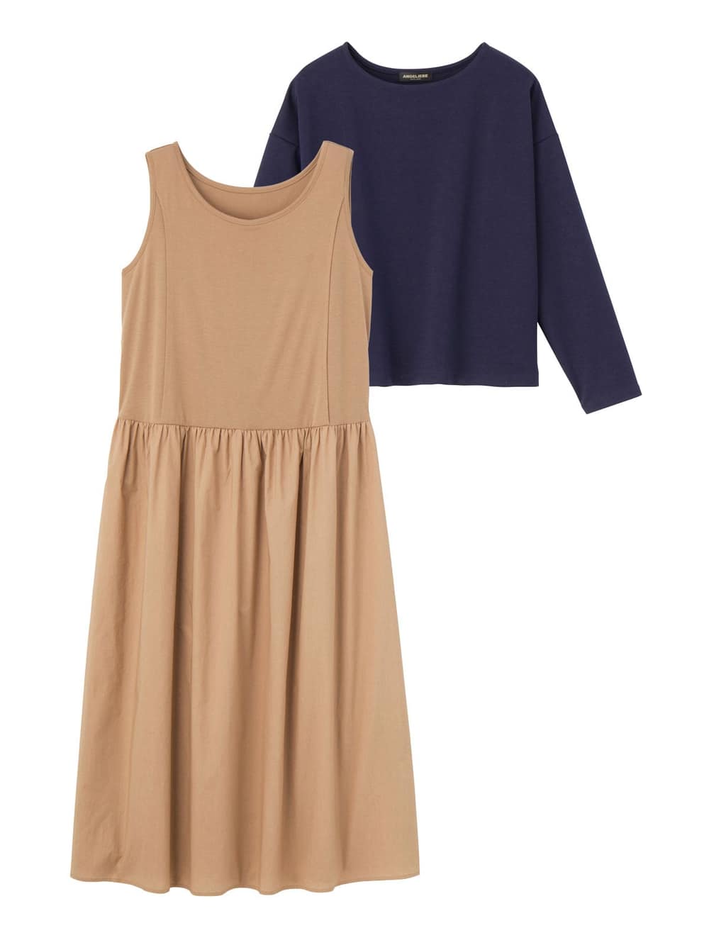 マタニティ ワンピース|【セット】ノースリーブ切替ワンピース＆プルオーバーセットアップ　マタニティ・授乳服【出産後も長く使える】|ネイビー×ベージュ