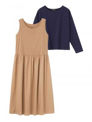 マタニティ ワンピース|【セット】ノースリーブ切替ワンピース＆プルオーバーセットアップ　マタニティ・授乳服【出産後も長く使える】|ネイビー×ベージュ