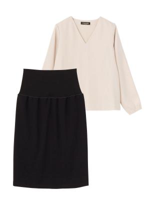 【マタニティ・授乳服】【セット】ハイクオリティジョーゼットVネックブラウス＆タイトスカートセットアップ【出産後も長く使える】 22571