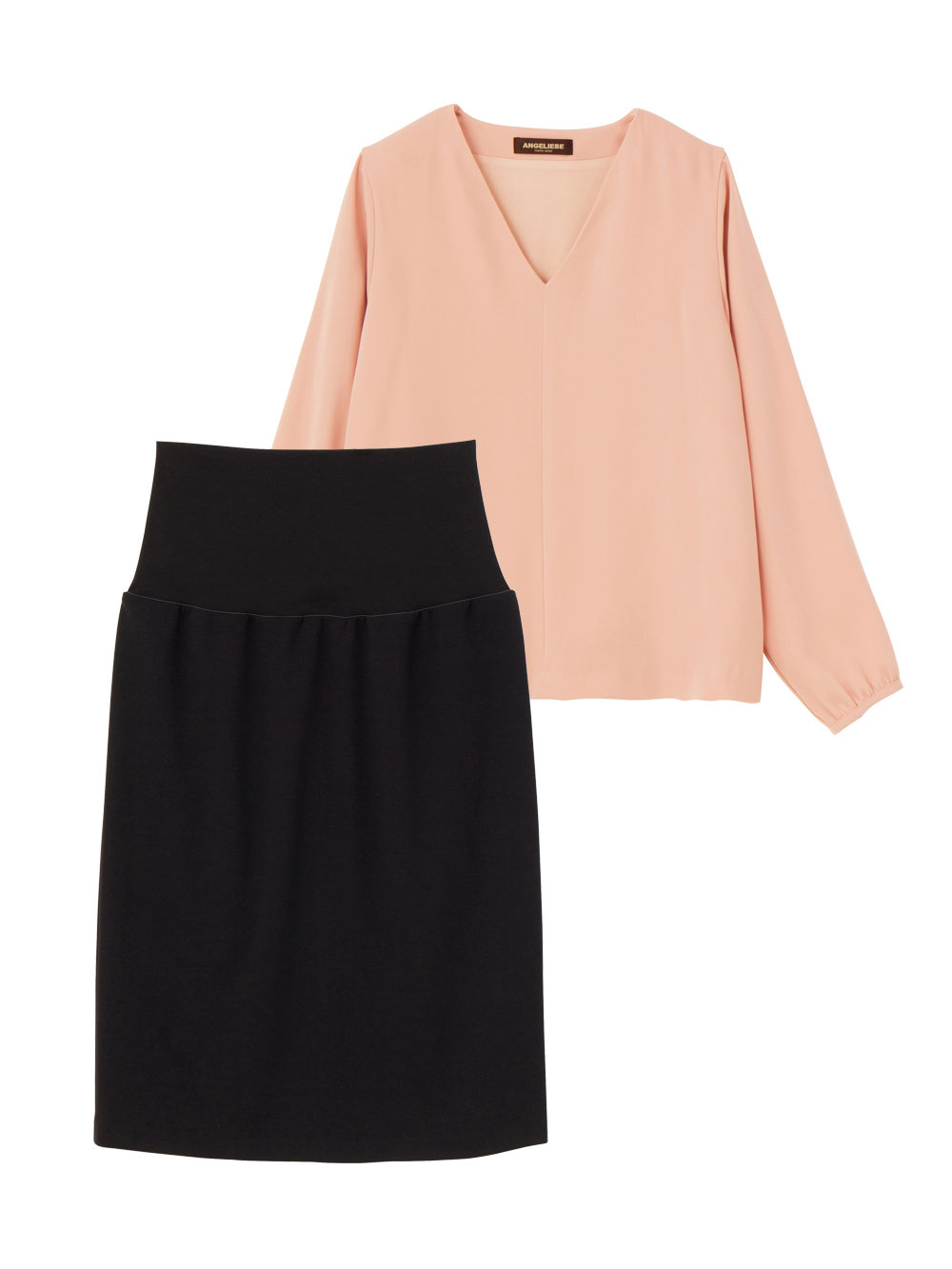 マタニティ ワンピース|【マタニティ・授乳服】【セット】ハイクオリティジョーゼットVネックブラウス＆タイトスカートセットアップ【出産後も長く使える】|ピンク×ブラック