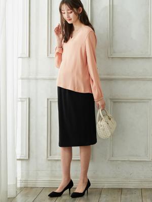 マタニティ ワンピース|【マタニティ・授乳服】【セット】ハイクオリティジョーゼットVネックブラウス＆タイトスカートセットアップ【出産後も長く使える】|ピンク×ブラック