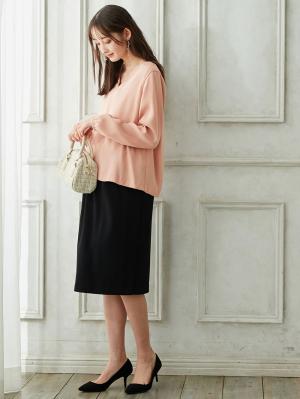 マタニティ ワンピース|【マタニティ・授乳服】【セット】ハイクオリティジョーゼットVネックブラウス＆タイトスカートセットアップ【出産後も長く使える】|ピンク×ブラック