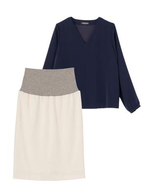 マタニティ ワンピース|【マタニティ・授乳服】【セット】ハイクオリティジョーゼットVネックブラウス＆タイトスカートセットアップ【出産後も長く使える】|ネイビー×オフ