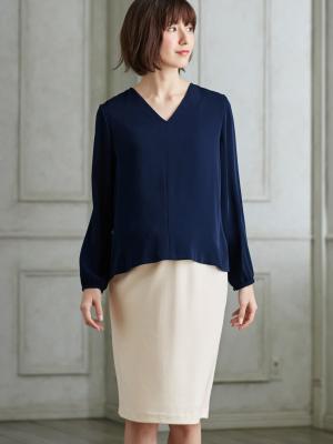 【マタニティ・授乳服】【セット】ハイクオリティジョーゼットVネックブラウス＆タイトスカートセットアップ【出産後も長く使える】22571