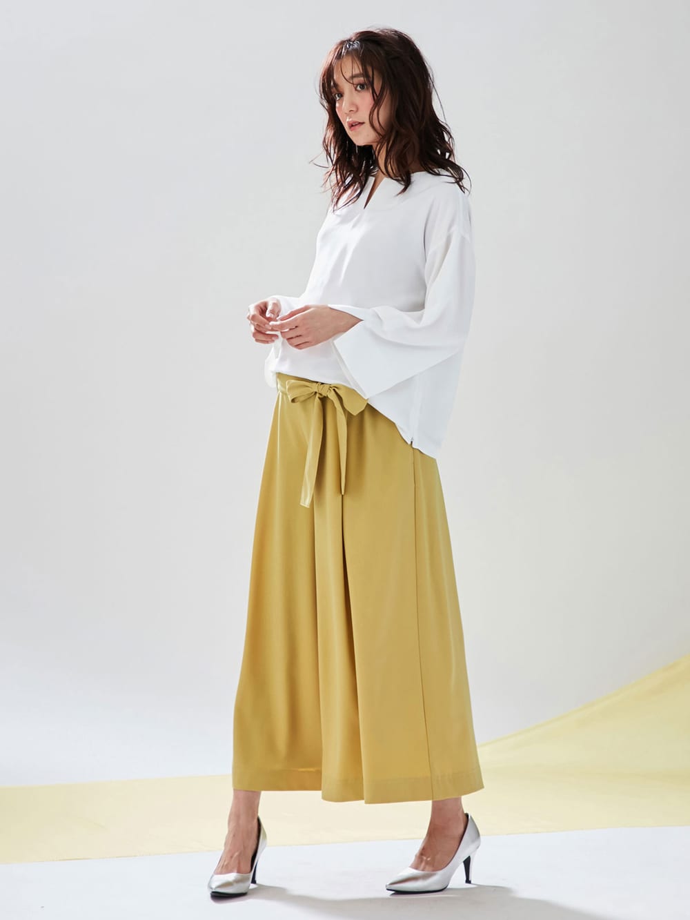 マタニティ パンツ|【マタニティ・産後対応】ツイルタックワイドパンツ【出産後も長く使える】|ペールイエロー
