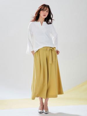 マタニティ パンツ|【マタニティ・産後対応】ツイルタックワイドパンツ【出産後も長く使える】|ペールイエロー