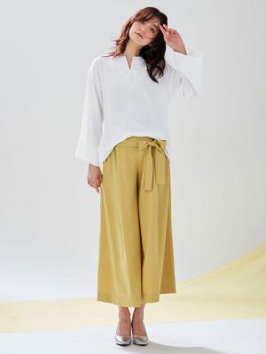 マタニティ パンツ|【マタニティ・産後対応】ツイルタックワイドパンツ【出産後も長く使える】|ペールイエロー